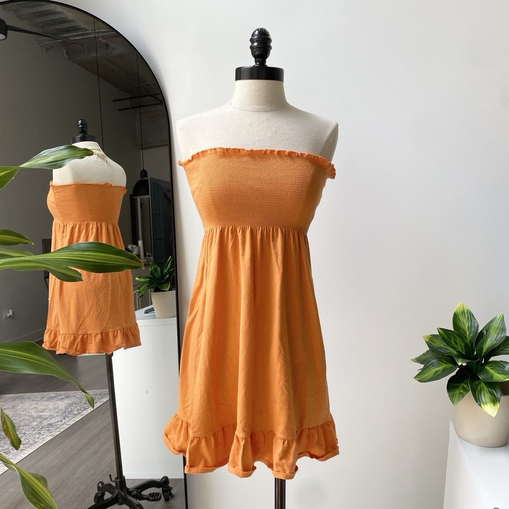 Ann Taylor Loft Petite Size Small Smocked Strapless Bright Orange Dress Ruffled